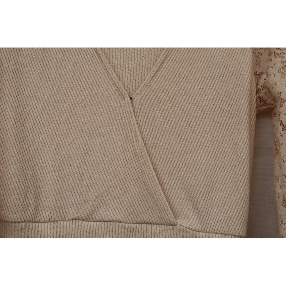 Anthropologie Cream Ribbed Wrap Women Top Lace Balloon Sleeve V-Neck Small - Picture 9 of 10